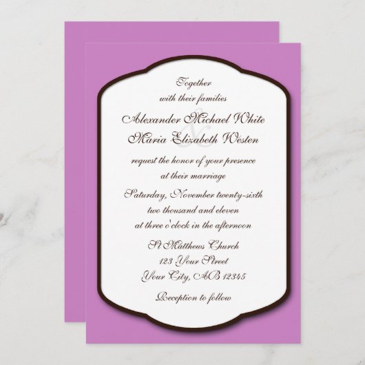 Invitations de mariage Brown et blanc violet (Devant / Derrière)