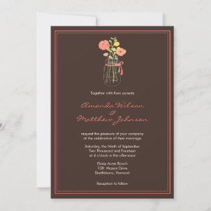 Invitations de mariage Brown et coral Mason Jar