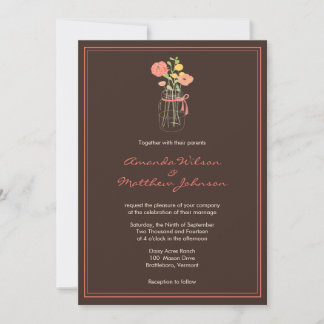 Invitations de mariage Brown et coral Mason Jar