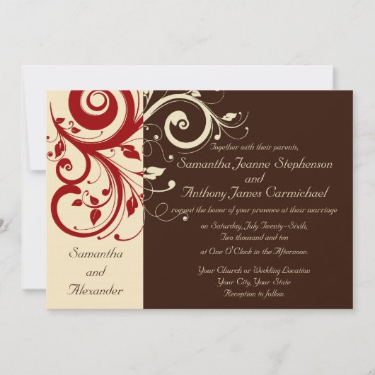 Invitations de mariage Brown/ivoire/rouge inverse (Devant)