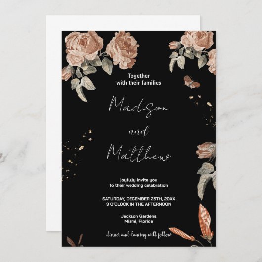 Invitations de mariage Brown noir Fleur (Devant / Derrière)