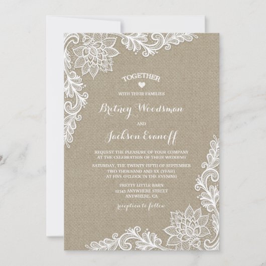 Invitations de mariage Burlap et Floral Lace (Devant)