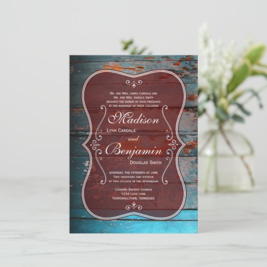 Invitations de Mariage campagnard Rustic Red Blue  (Debout devant)