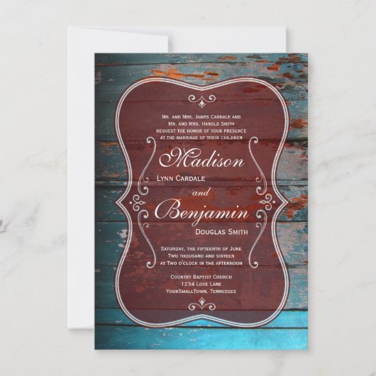 Invitations de Mariage campagnard Rustic Red Blue  (Devant)