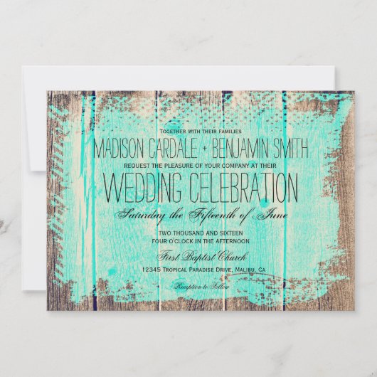 Invitations de Mariage campagnard Rustic Wood Aqua (Devant)