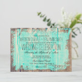 Invitations de Mariage campagnard Rustic Wood Aqua (Debout devant)