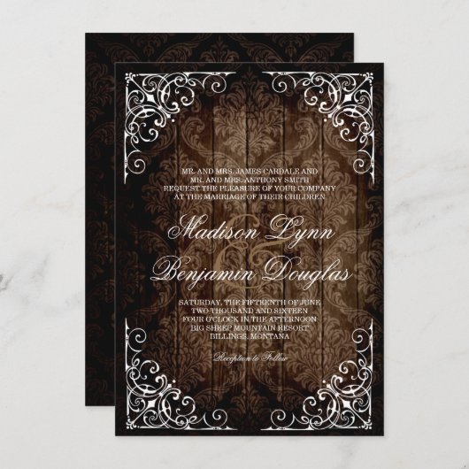 Invitations de Mariage campagnard rustique Damask (Devant / Derrière)
