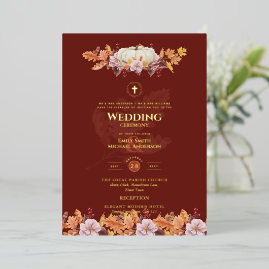 Invitations de mariage catholique Automne Citrouil (Debout devant)