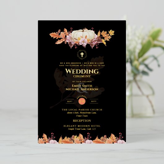 Invitations de mariage catholique Automne Citrouil (Debout devant)