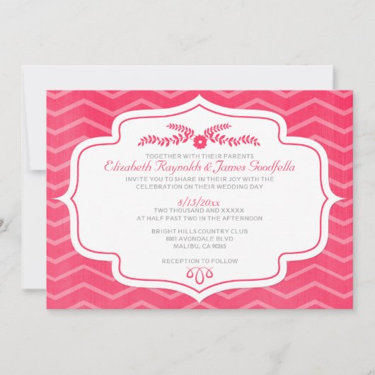 Invitations de mariage Chevron rose chaud (Devant)