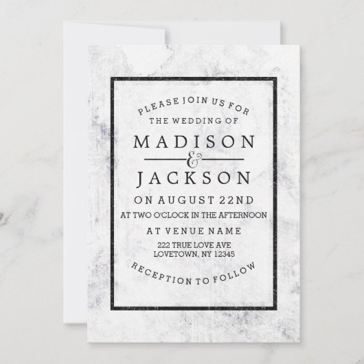 Invitations de mariage chic blanc et gris marbre (Devant)