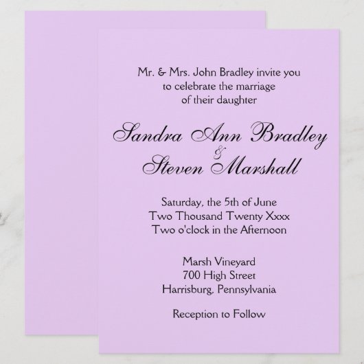 Invitations de mariage classique de lavande (Devant / Derrière)