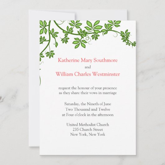Invitations De Mariage Corail, Vert Et Blanc (Devant)
