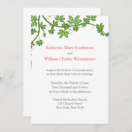 Invitations De Mariage Corail, Vert Et Blanc (Devant / Derrière)
