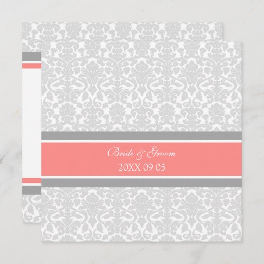 Invitations de mariage Coral Grey Damask (Devant / Derrière)