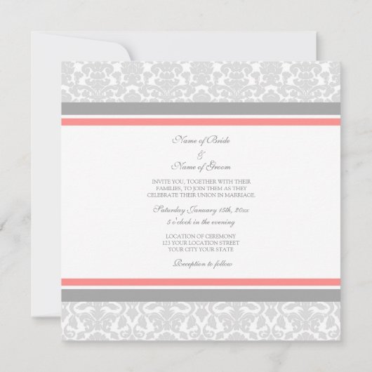 Invitations de mariage Coral Grey Damask (Dos)