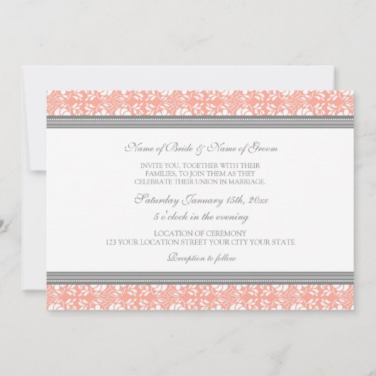 Invitations de mariage Coral Grey Damask (Dos)