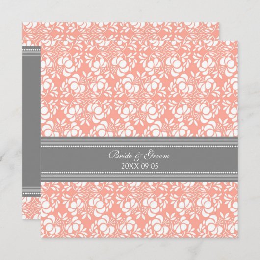 Invitations de mariage Coral Grey Damask (Devant / Derrière)