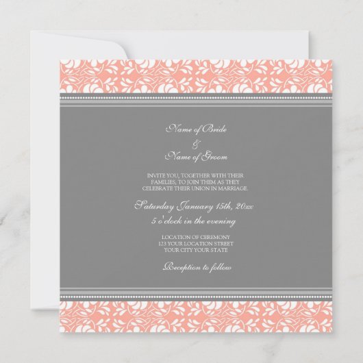 Invitations de mariage Coral Grey Damask (Dos)
