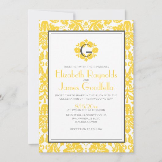 Invitations de Mariage damassé au monogramme jaune (Devant)