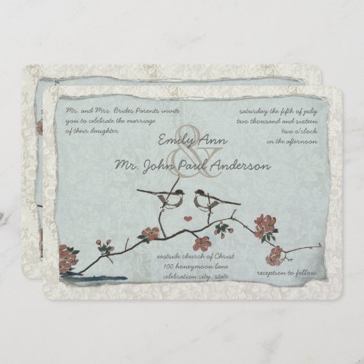 Invitations de Mariage damassé Birds vintages (Devant / Derrière)