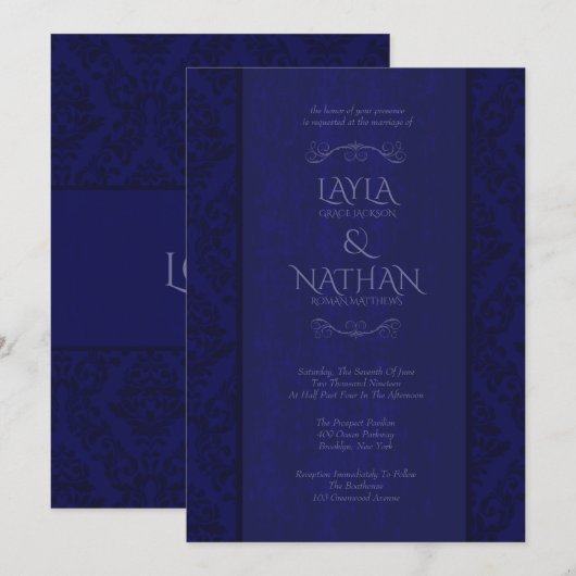 Invitations de mariage damassé de marine et de (Devant / Derrière)