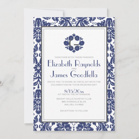 Invitations de mariage damassé de monogramme de (Devant)