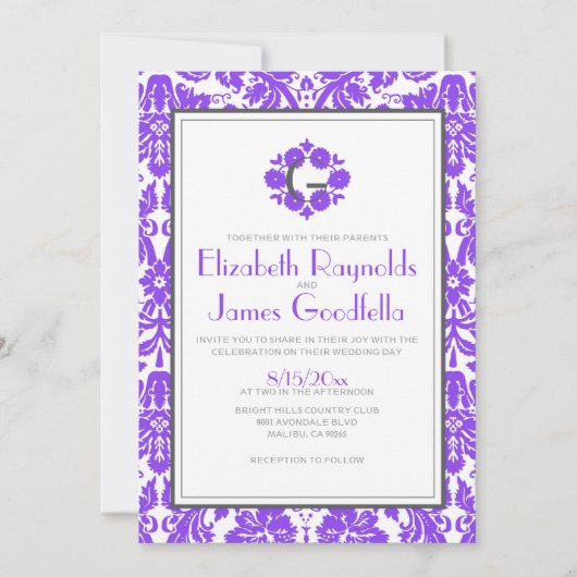 Invitations de Mariage damassé de Monogrammes viol (Devant)