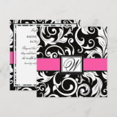 Invitations de Mariage damassé en noir et rose cha (Devant / Derrière)