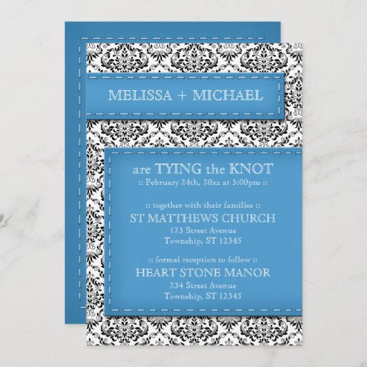 Invitations de Mariage damassé en plan bleu (Devant / Derrière)