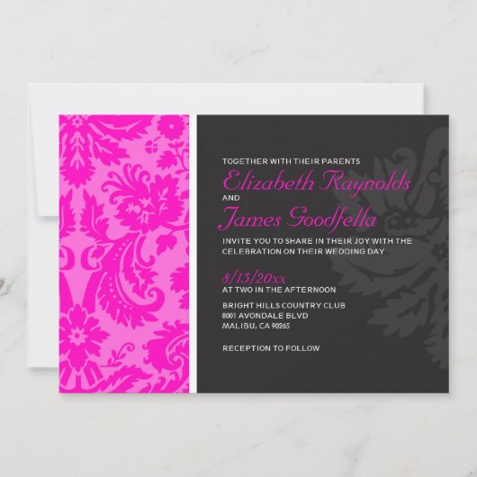 Invitations de Mariage damassé Hot Pink (Devant)