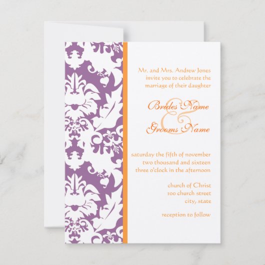 Invitations de Mariage damassé Orange & Plum (Devant)