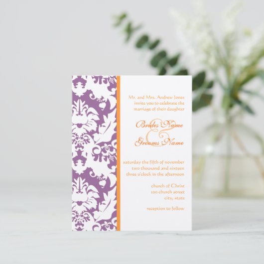 Invitations de Mariage damassé Orange & Plum (Debout devant)