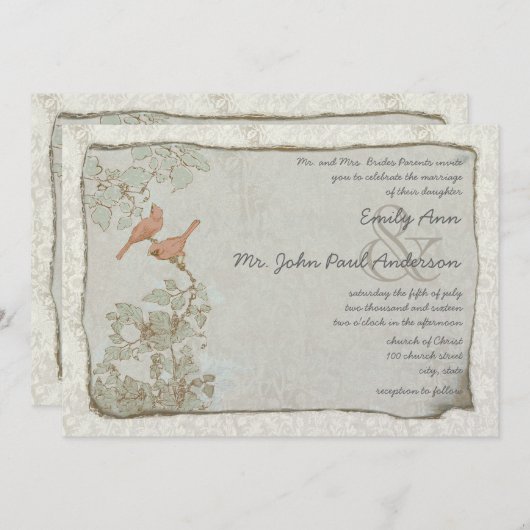 Invitations de Mariage damassé pour les oiseaux de (Devant / Derrière)
