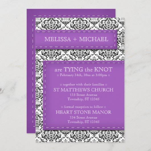 Invitations de Mariage damassé pourpres avec point (Devant / Derrière)