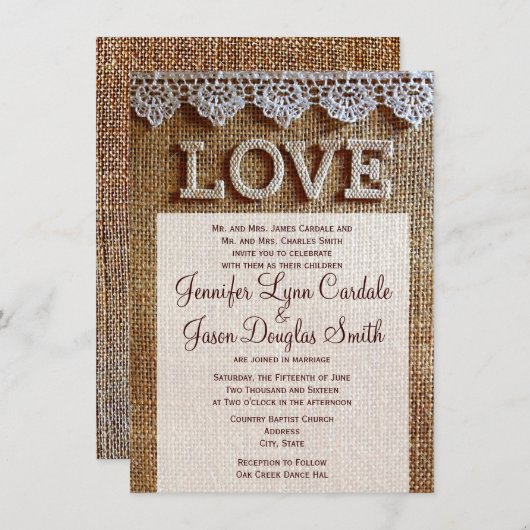 Invitations de mariage d'AMOUR rustique de toile (Devant / Derrière)