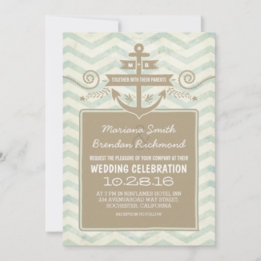 Invitations de mariage d'ancre nautique Chevron (Devant)