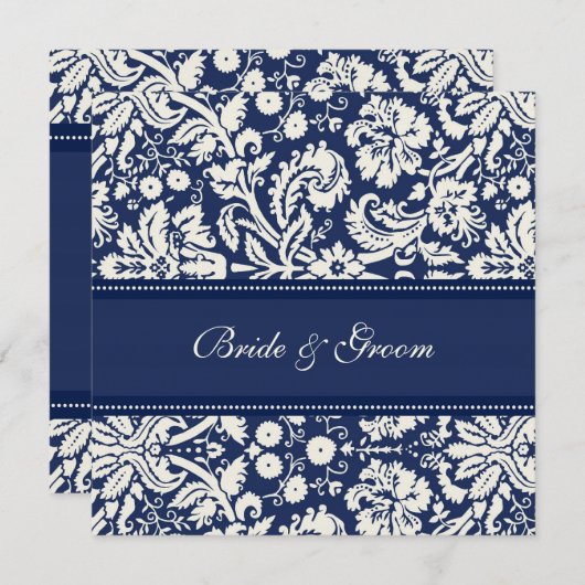 Invitations de mariage Dark Blue Cream Damask (Devant / Derrière)