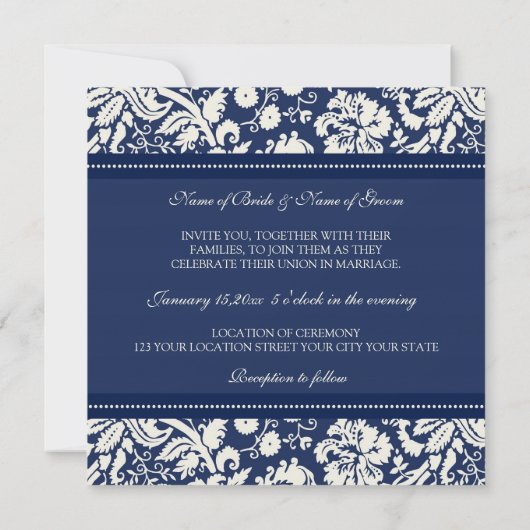 Invitations de mariage Dark Blue Cream Damask (Dos)