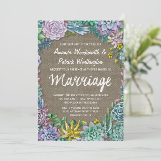 Invitations de mariage de Burlap Succulent et rust (Debout devant)