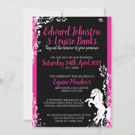 Invitations de mariage de chevaux roses et noirs (Devant)
