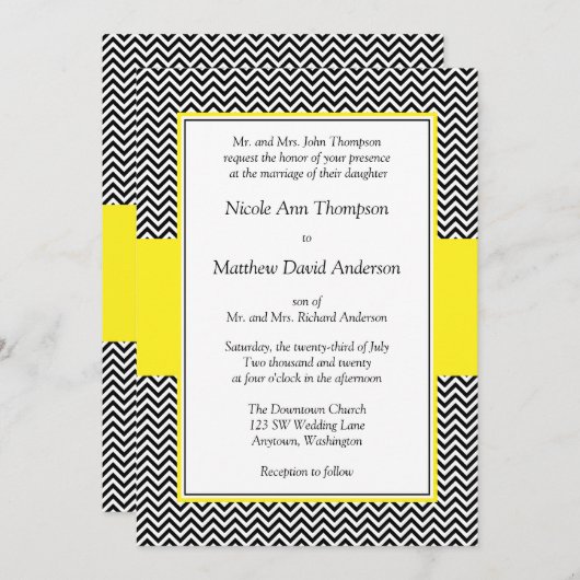 Invitations de mariage de Chevron jaune et noir (Devant / Derrière)