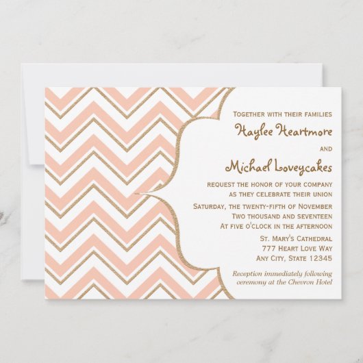 Invitations de mariage de Coral et de Gold Chevron (Devant)