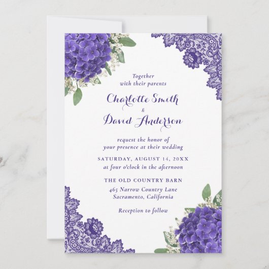 Invitations de mariage de dentelle d'Hydrangea vio (Devant)