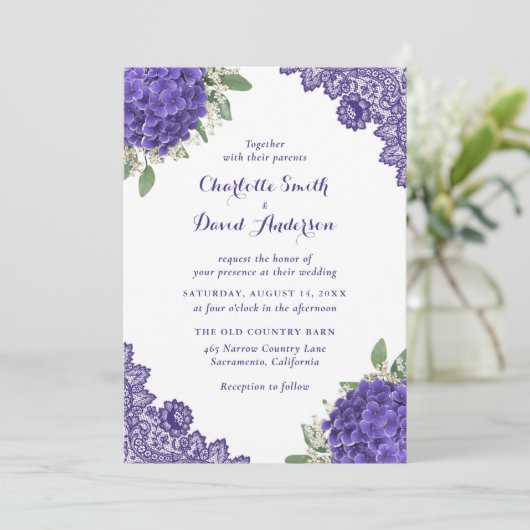 Invitations de mariage de dentelle d'Hydrangea vio (Debout devant)