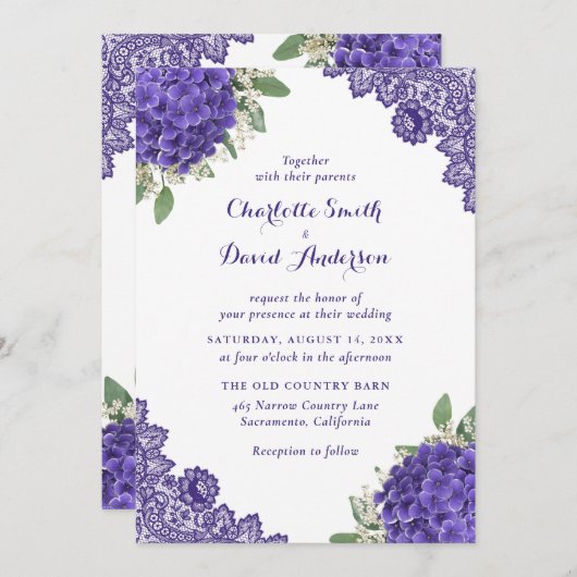 Invitations de mariage de dentelle d'Hydrangea vio (Devant / Derrière)