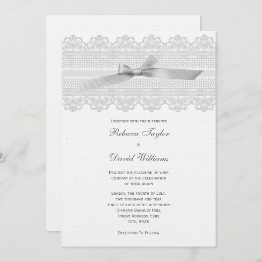 Invitations de mariage de dentelle et de ruban (Devant / Derrière)