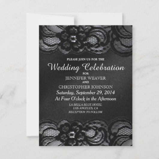 Invitations de mariage de dentelle noire et de sat (Devant)