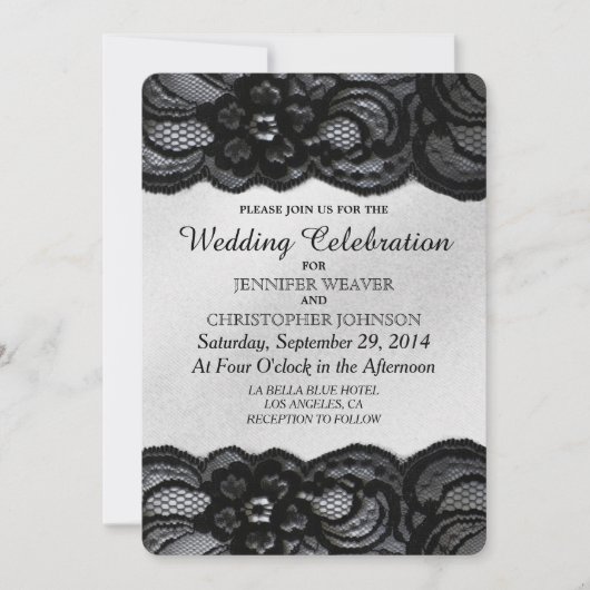 Invitations de mariage de dentelle noire et de sat (Devant)