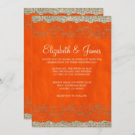 Invitations de mariage de dentelle orangée (Devant / Derrière)